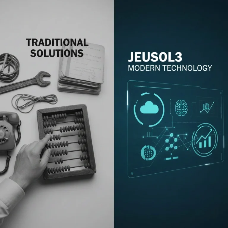 Abstract digital framework visualization showing Jeusol3's modular architecture with interconnected nodes and data streams