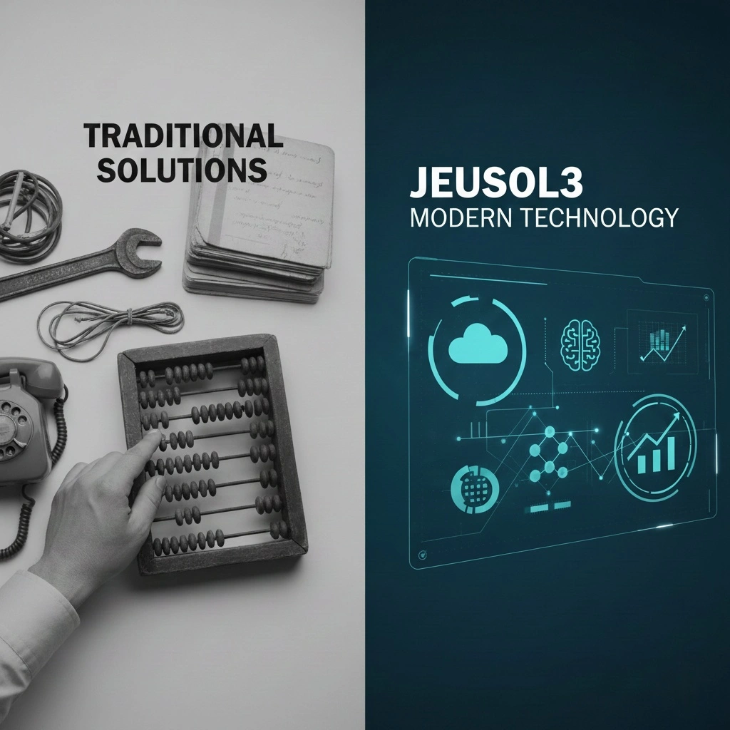 Abstract digital framework visualization showing Jeusol3's modular architecture with interconnected nodes and data streams
