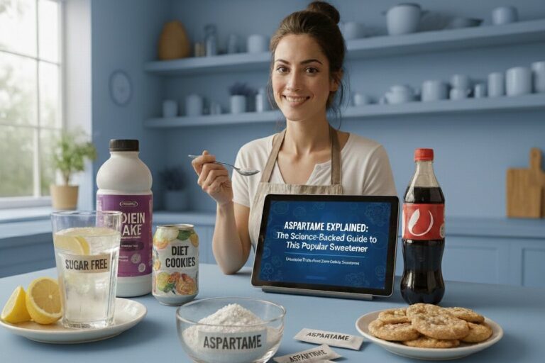 Aspertaan sweetener guide featuring molecular structure and scientific elements on modern gradient background
