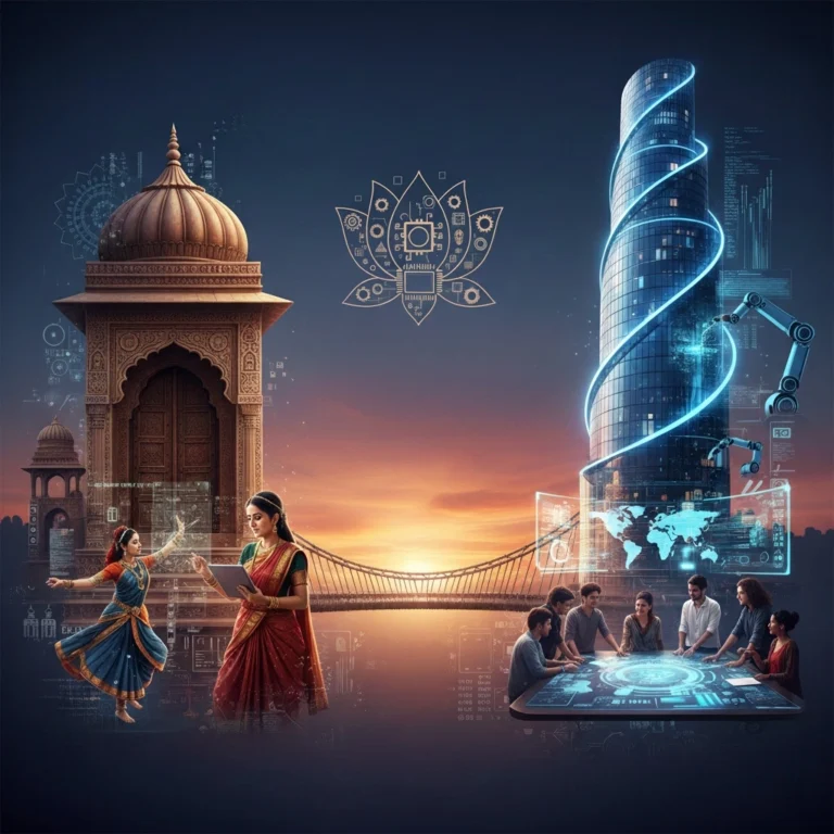 Dougahozonn concept illustration showing ancient wisdom merged with modern digital innovation and wellness practices