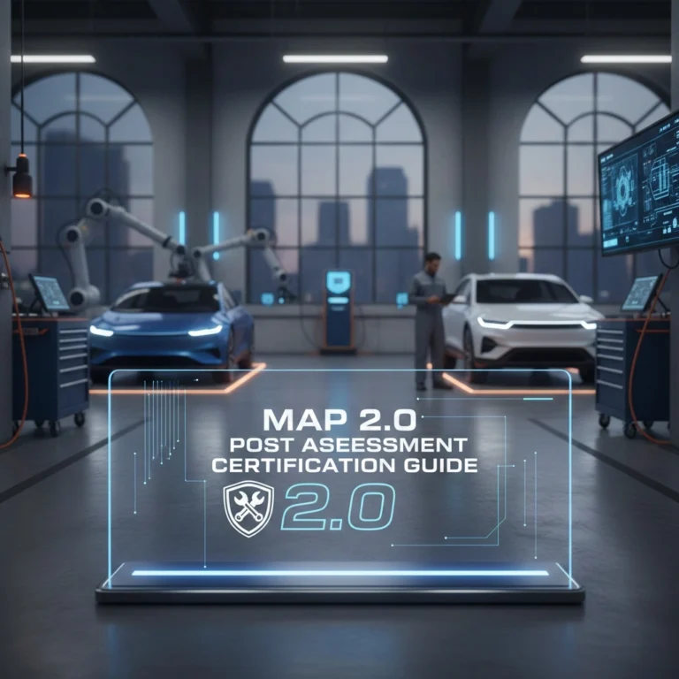 MAP 2.0 post assessment answers study guide showing automotive service professional reviewing certification materials