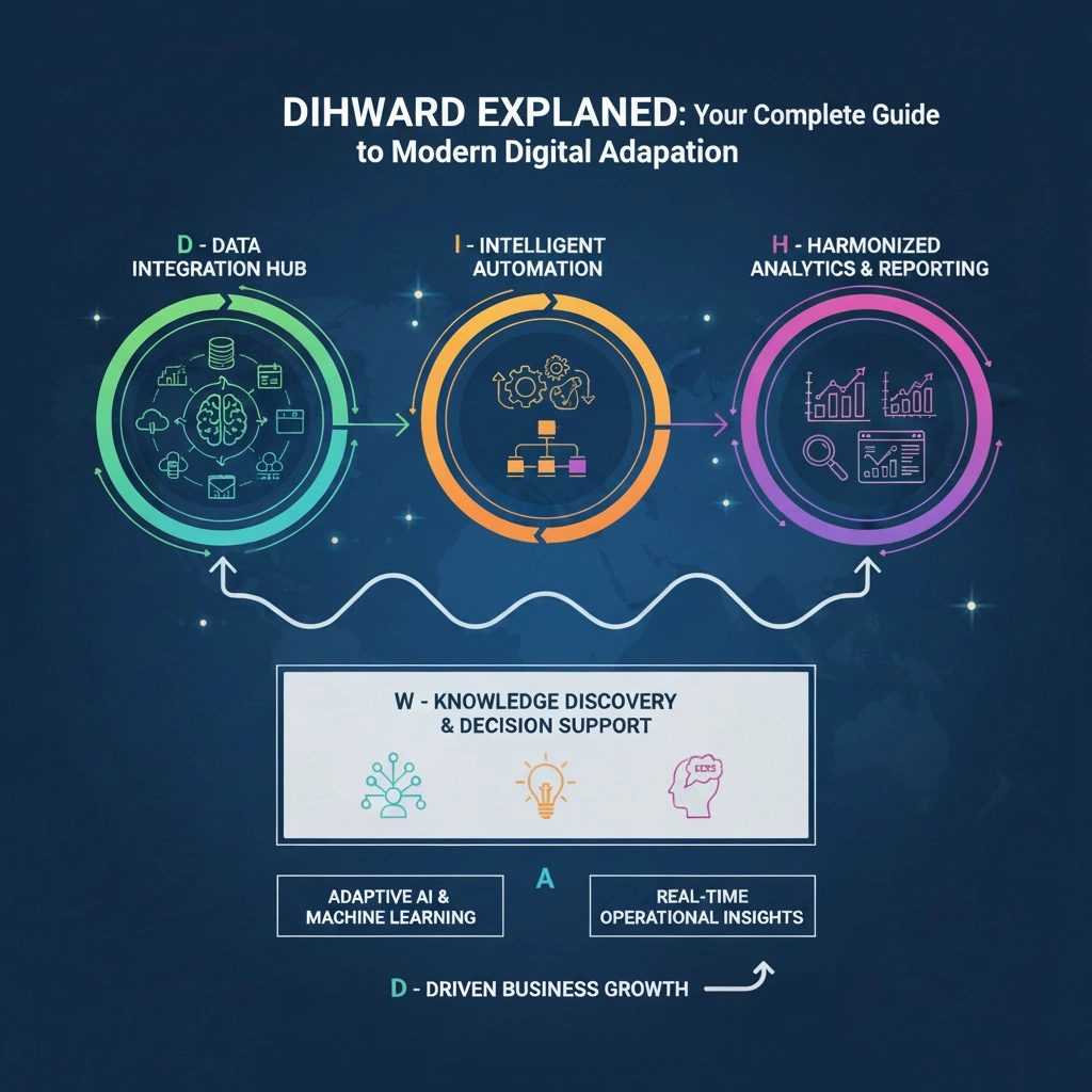 Dihward digital adaptation guide featuring modern tech graphics and flowing data streams in blue and purple gradient design