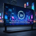 24-hour Chóim24h convenience shopping platform illustration showing smartphone app and delivery network with modern gradient design