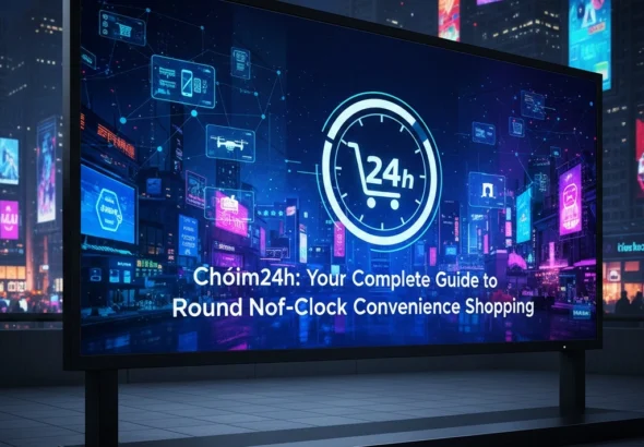 24-hour Chóim24h convenience shopping platform illustration showing smartphone app and delivery network with modern gradient design