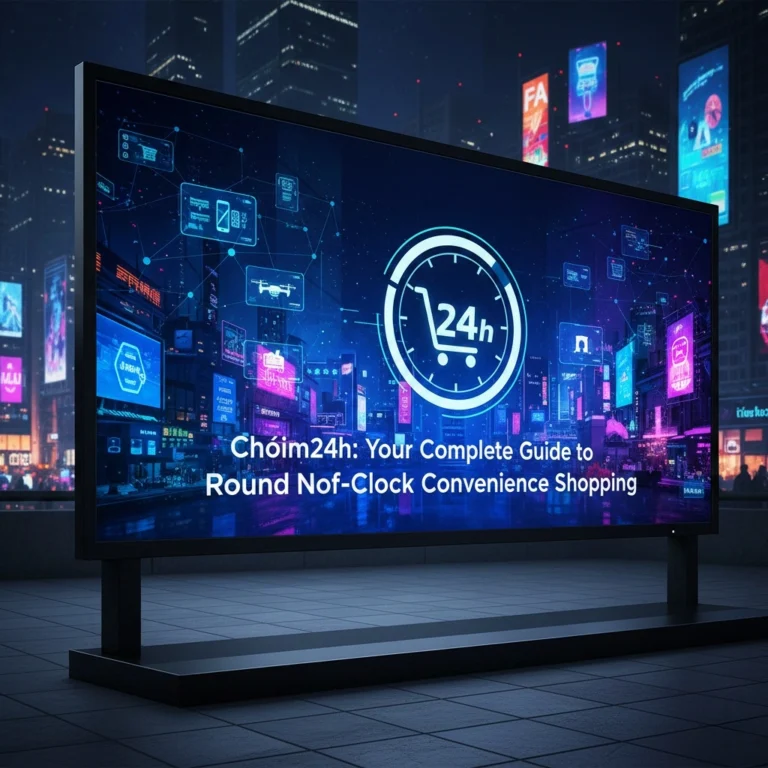 24-hour Chóim24h convenience shopping platform illustration showing smartphone app and delivery network with modern gradient design