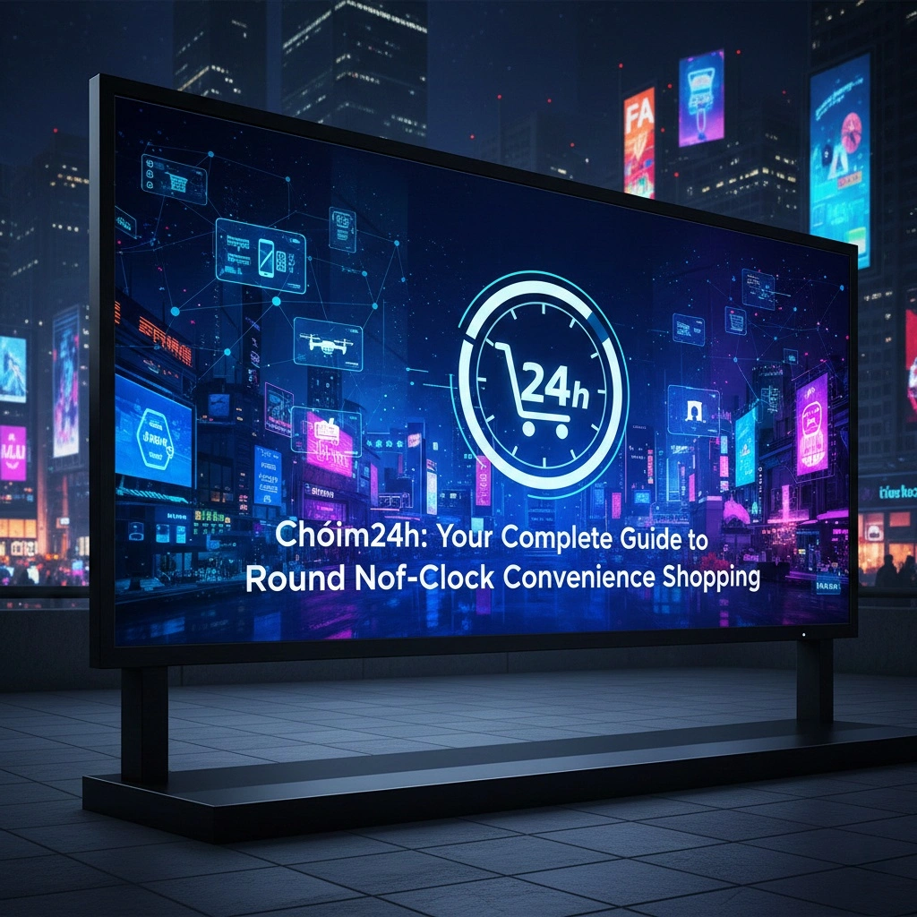 24-hour Chóim24h convenience shopping platform illustration showing smartphone app and delivery network with modern gradient design