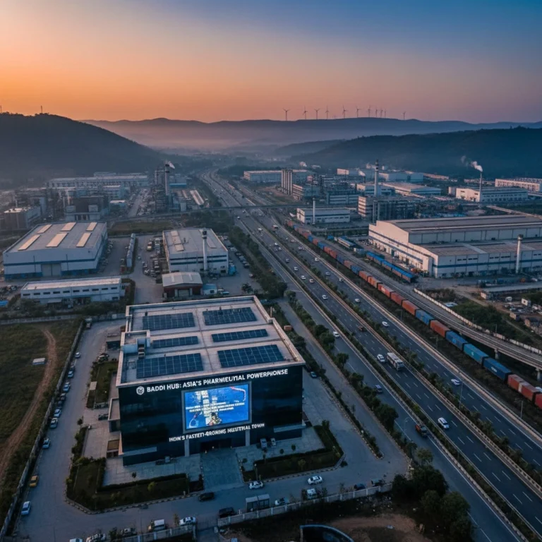 Baddi Hub industrial pharmaceutical manufacturing center in Himachal Pradesh with modern factory skyline and business growth concept