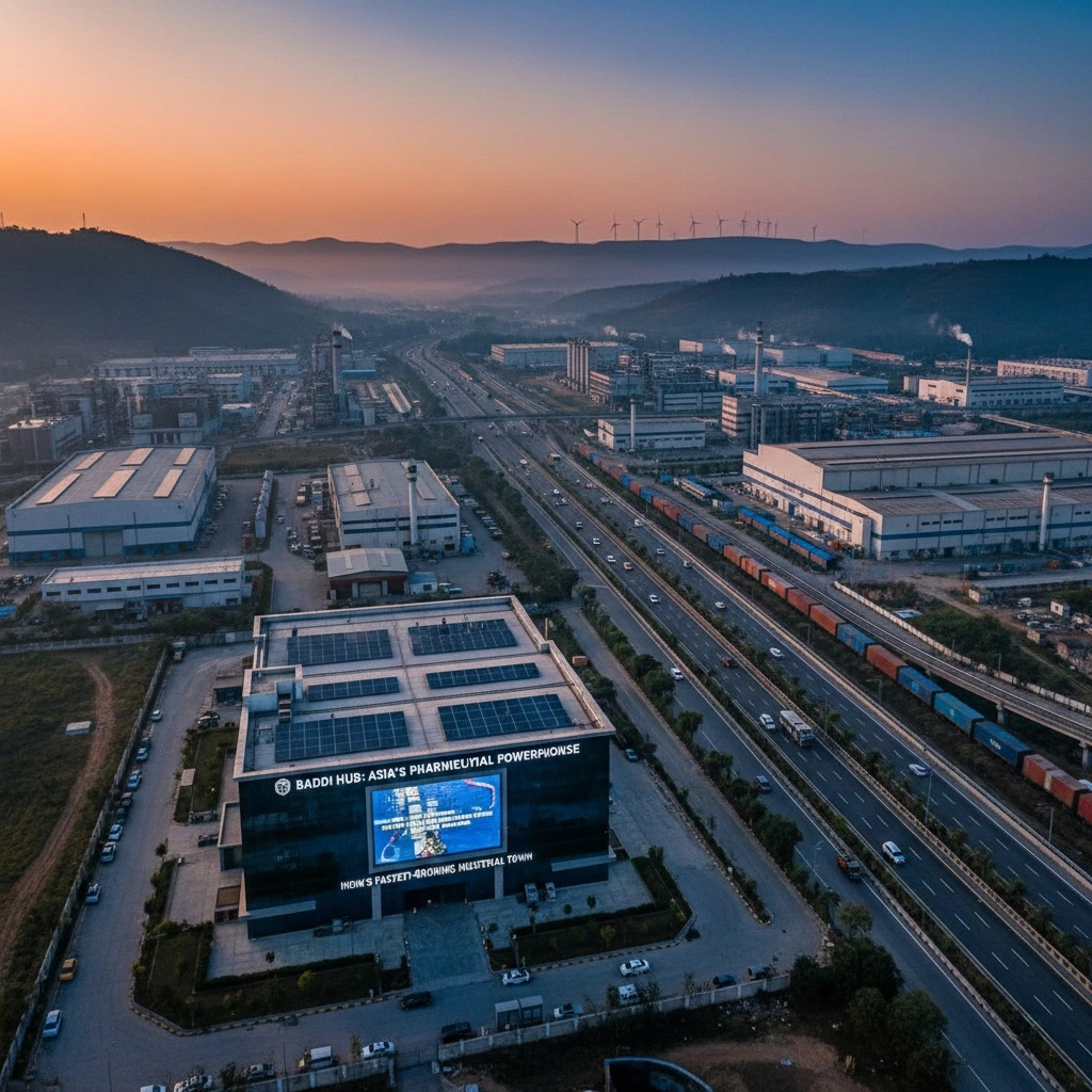 Baddi Hub industrial pharmaceutical manufacturing center in Himachal Pradesh with modern factory skyline and business growth concept