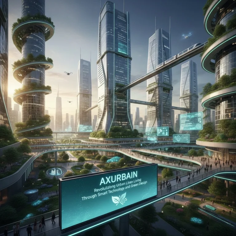 Modern smart city visualization showing Axurbain concept with green infrastructure and digital technology integration