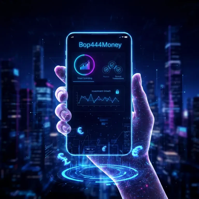 Bop444Money digital finance platform illustration with blockchain network and financial technology elements