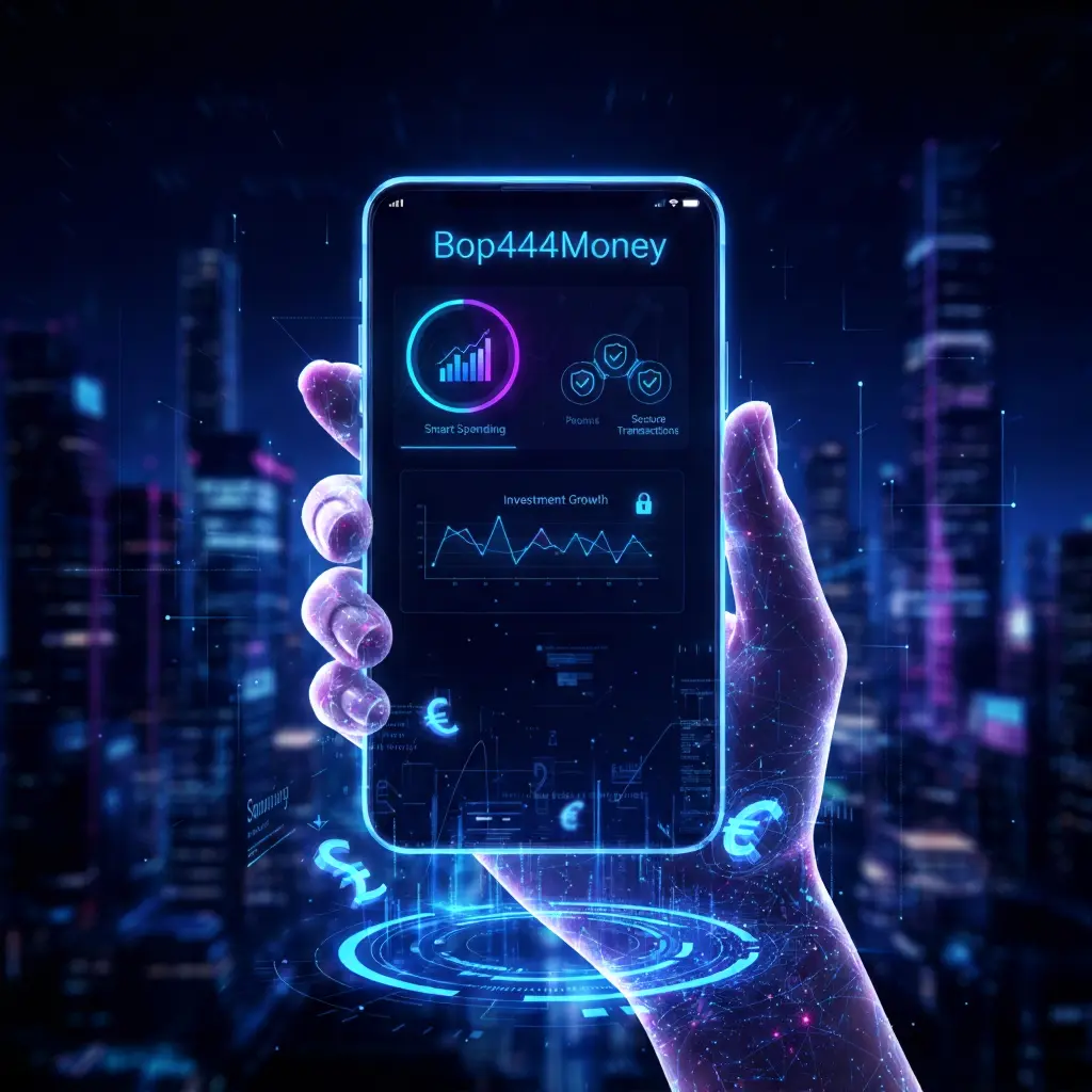 Bop444Money digital finance platform illustration with blockchain network and financial technology elements