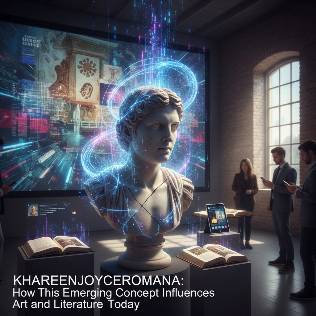 Khareenjoyceromana cultural concept visual showing fusion of traditional artistic patterns with modern digital design elements