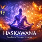 Haskawana philosophy visualization showing creative transformation with flowing energy patterns and metamorphic design elements