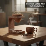 Woodwork coffee setup featuring handmade walnut pour-over stand, wooden cup, and fresh espresso on reclaimed wood table